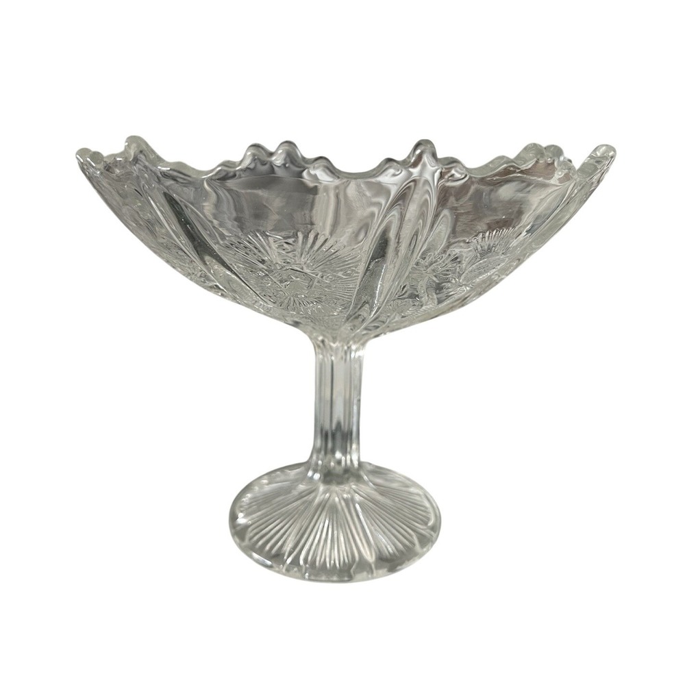 Vintage Clear Pressed‎ Glass Thistle Star Pedestal Bowl Scalloped Compote 8.25in
